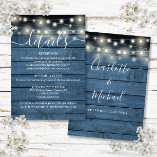 Carte D'accompagnement Blue String Lights Rustic Wood Détails du Mariage