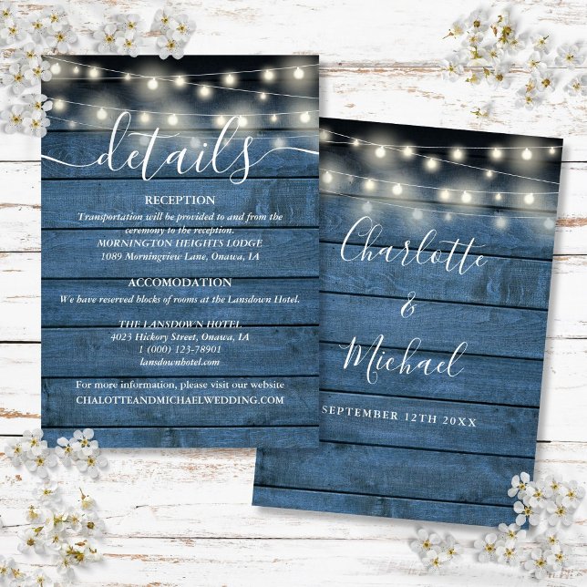 Carte D'accompagnement Blue String Lights Rustic Wood Détails du Mariage (Blue String Lights Rustic Wood Wedding Details Enclosure Card)