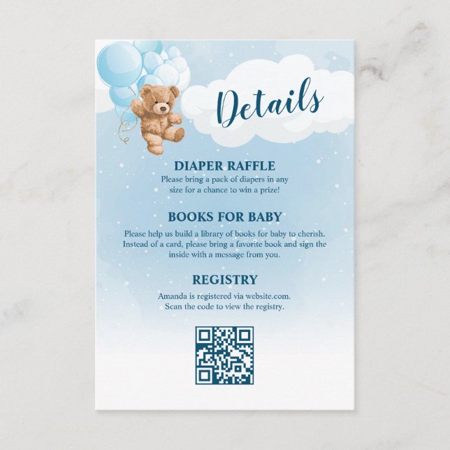 Carte D'accompagnement Blue Teddy Bear Détails du Baby shower (Devant)