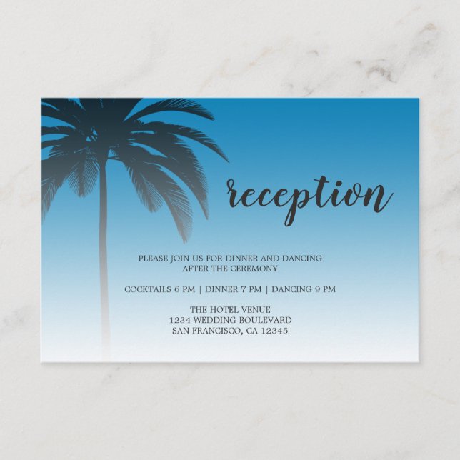 Carte D'accompagnement Blue Tropical Palm Tree Beach Mariage Réception (Devant)