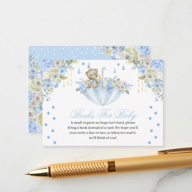 Carte D'accompagnement Blue Umbrella Teddy Bear Livres pour bébé (Devant/Arrière en situation)