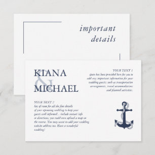 Carte D'accompagnement Blue Wave Ancre Détails du Mariage Navy/Wht ID836