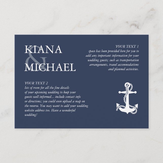 Carte D'accompagnement Blue Wave Ancre Détails du Mariage Wht/Navy ID836 (Devant)