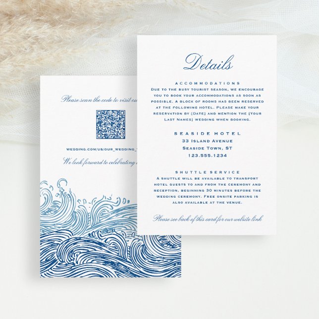 Carte D'accompagnement Blue Waves Détails du Mariage Hotel Info Code QR (Blue Nautical Waves wedding details hotel information insert card from Concertina Press)