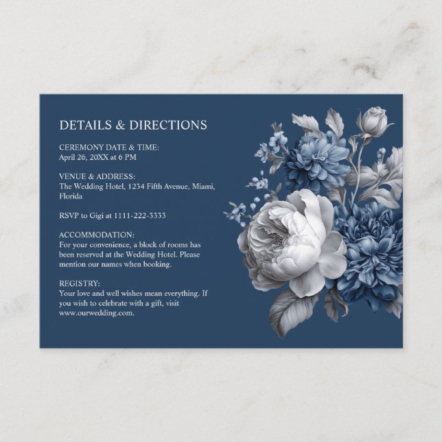 Carte D'accompagnement Blues modernes et Mariage floral gris (Devant)