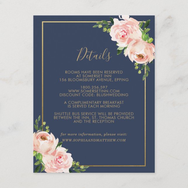 Carte D'accompagnement Blush Floral Mariage Informations sur l'invité (Devant)