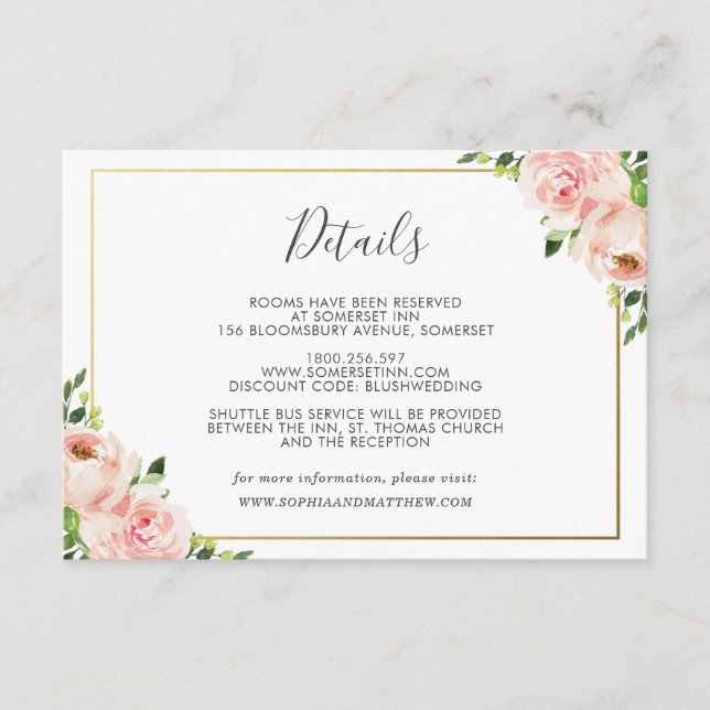 Carte D'accompagnement Blush Floral Mariage Informations sur l'invité (Devant)