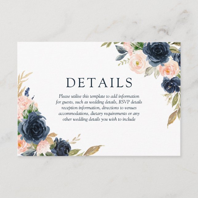 Carte D'accompagnement Blush Pink & Navy Elegant Spring Wedding Détails (Devant)
