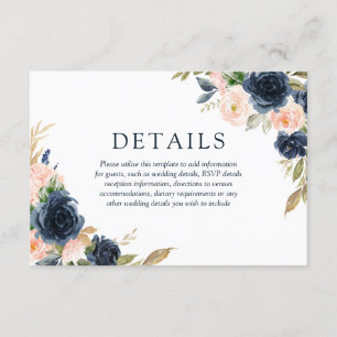 Carte D'accompagnement Blush Pink & Navy Elegant Spring Wedding Détails