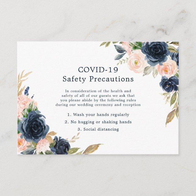 Carte D'accompagnement Blush Pink & Navy Mariage élégant COVID-19 (Devant)
