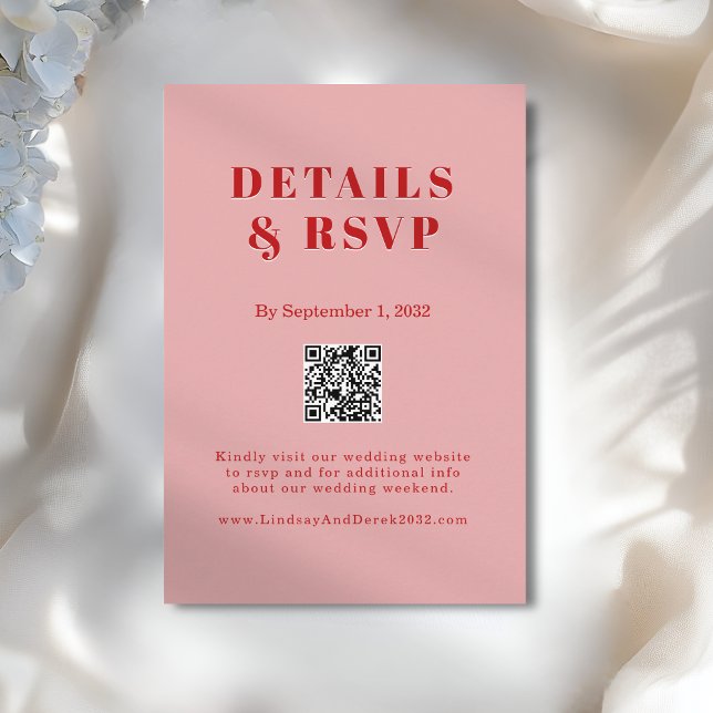 Carte D'accompagnement Blush Pink Red Bold Font QR Code Wedding RSVP  (Blush Pink Red Bold Font QR Code Wedding RSVP Enclosure Card)