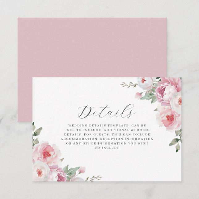 Carte D'accompagnement Blush & Rose Botanique Floral Détails du Mariage (Devant / Derrière)