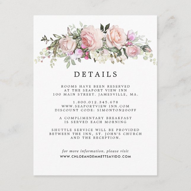 Carte D'accompagnement Blush Rose Floral Mariage Détails de l'invité (Devant)