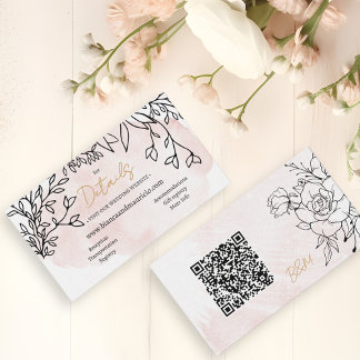 Carte D'accompagnement Blush Watercolor & Black Floral Modern QR Wedding