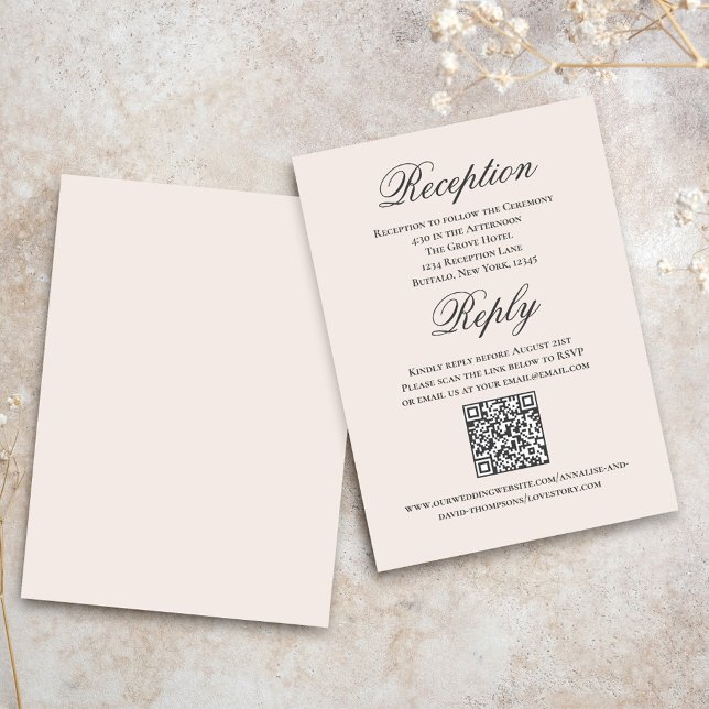 Carte D'accompagnement Blush Wedding Script RSVP Reception  (Blush wedding reception and reply card with a scannable QR code.)