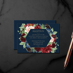 Carte D'accompagnement Boho Blooms   Dark Navy et réception Bourgogne