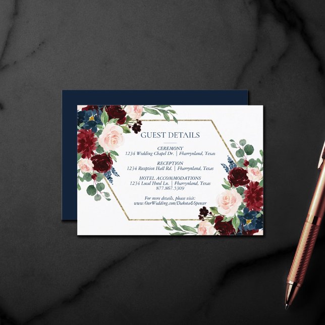 Carte D'accompagnement Boho Blooms | Rustic Navy et Burgundy Guest Info (Créateur téléchargé)