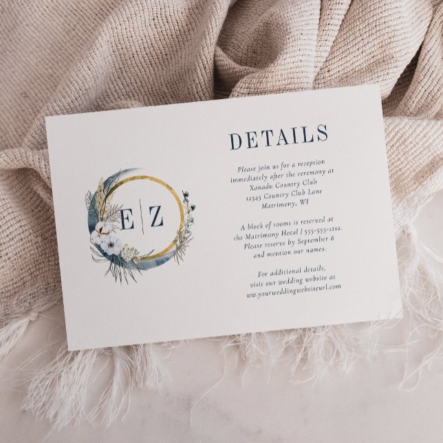 Carte D'accompagnement Boho Blue Moon Floral Monogramme Détails de la cou (Créateur téléchargé)