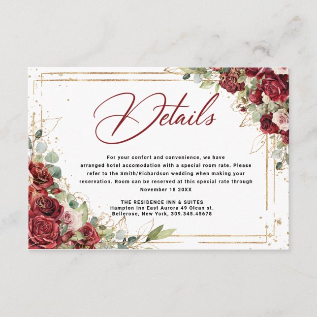Carte D'accompagnement Boho Blush Bourgogne Floral Or Mariage géométrique (Devant)