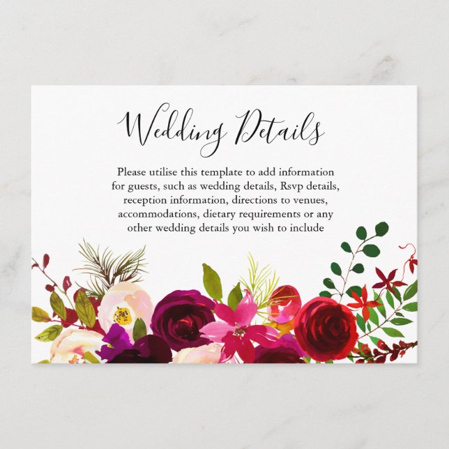 Carte D'accompagnement Boho Burgundy Flowers Spring Détails du Mariage de (Devant)