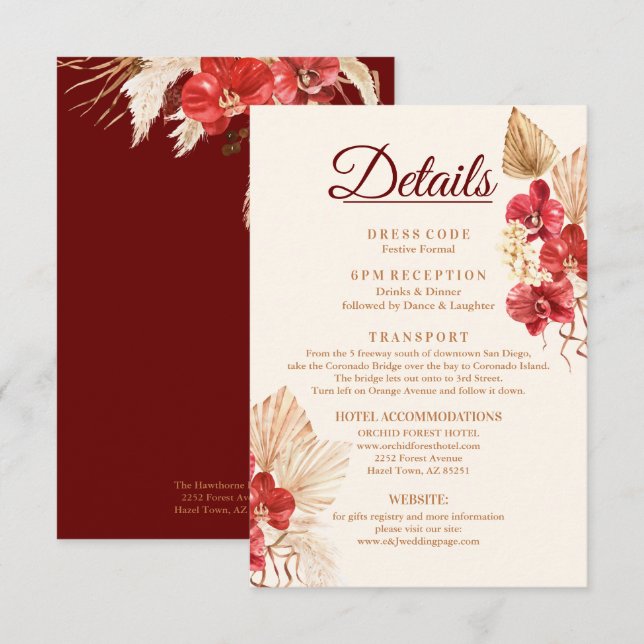 Carte D'accompagnement Boho chic rouge orchidée chute personnalisée Détai (Devant / Derrière)