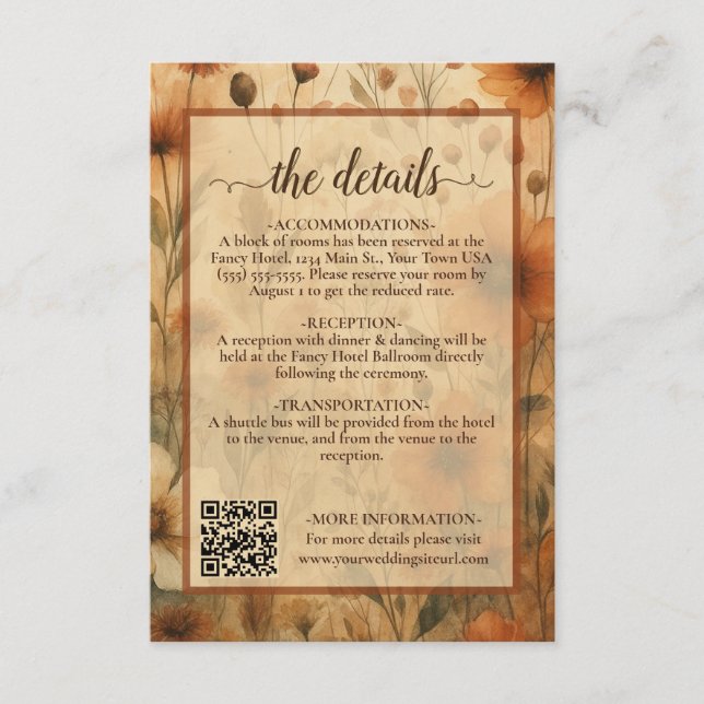 Carte D'accompagnement Boho Chic Sienna Floral Wedding Details QR Code (Devant)