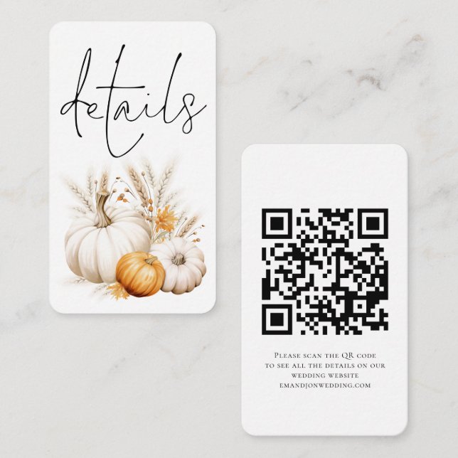 Carte D'accompagnement Boho Citrouille Script QR Code Détails du Mariage (Devant / Derrière)