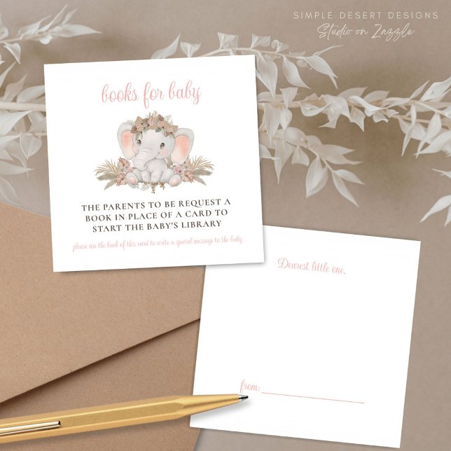 Carte D'accompagnement Boho Cute Elephant Baby shower Demande de réservat (Pink Baby Shower Books for Baby Card Enclosures with Book Label Gift Tag on Back)