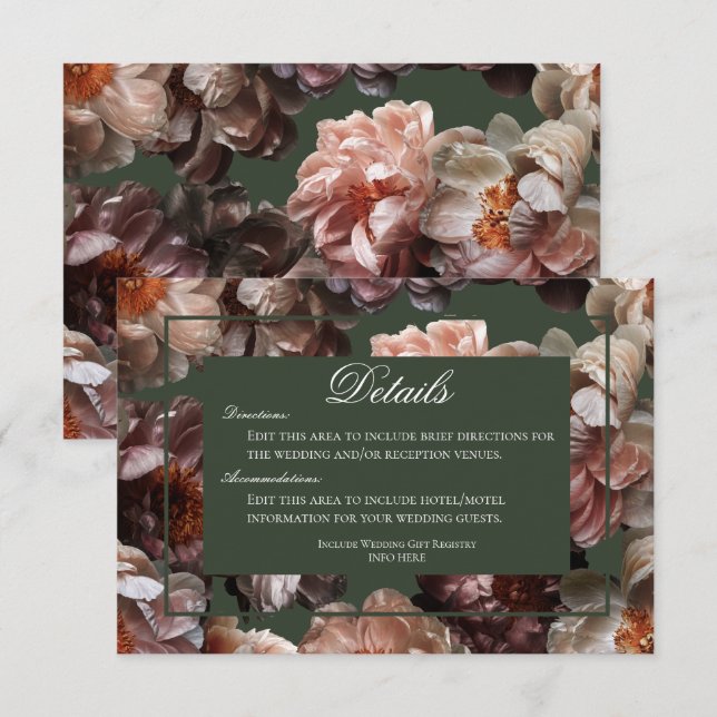 Carte D'accompagnement Boho Dark Peony Flower Moderne Détails du Mariage (Devant / Derrière)
