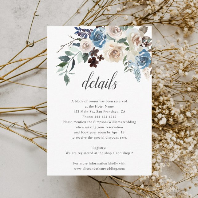 Carte D'accompagnement Boho Dusty Blue Beige Fleurs Mariage Détails (Créateur téléchargé)
