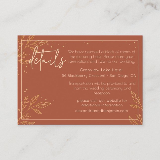 Carte D'accompagnement Boho Earthy Brown & Gold Modern Mariage Détails (Devant)