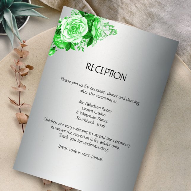 Carte D'accompagnement Boho Emerald Roses Réception de mariage en argent (Créateur téléchargé)