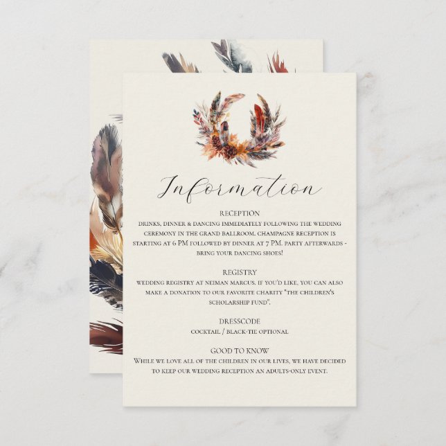 Carte D'accompagnement Boho Feathers Fall Wreath Calligraphy Mariage (Devant / Derrière)
