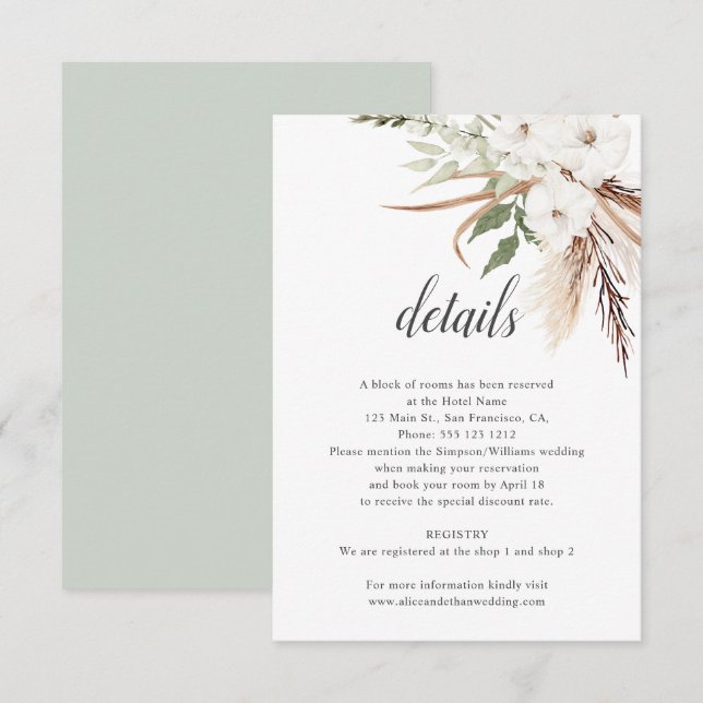 Carte D'accompagnement Boho Feuilles Pampa Grass Mariage Détails (Devant / Derrière)