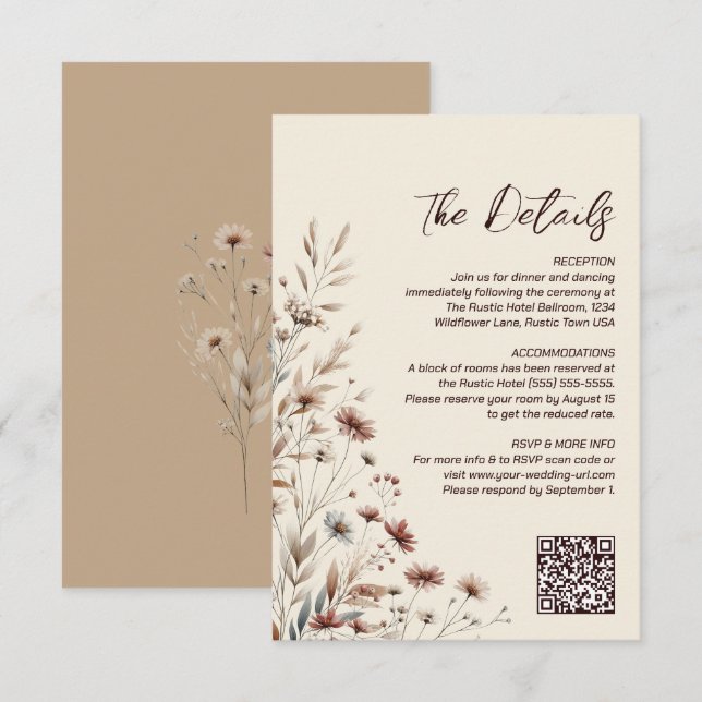Carte D'accompagnement Boho Fleur sauvage QR Code Détails du Mariage Peti (Devant / Derrière)