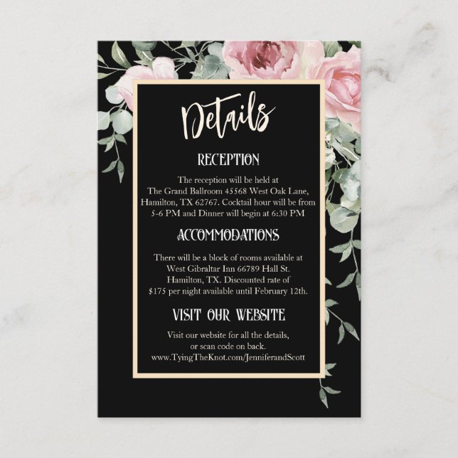 Carte D'accompagnement Boho floral noir et rose Détails du Mariage (Devant)