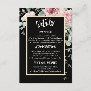 Carte D'accompagnement Boho floral noir et rose Détails du Mariage