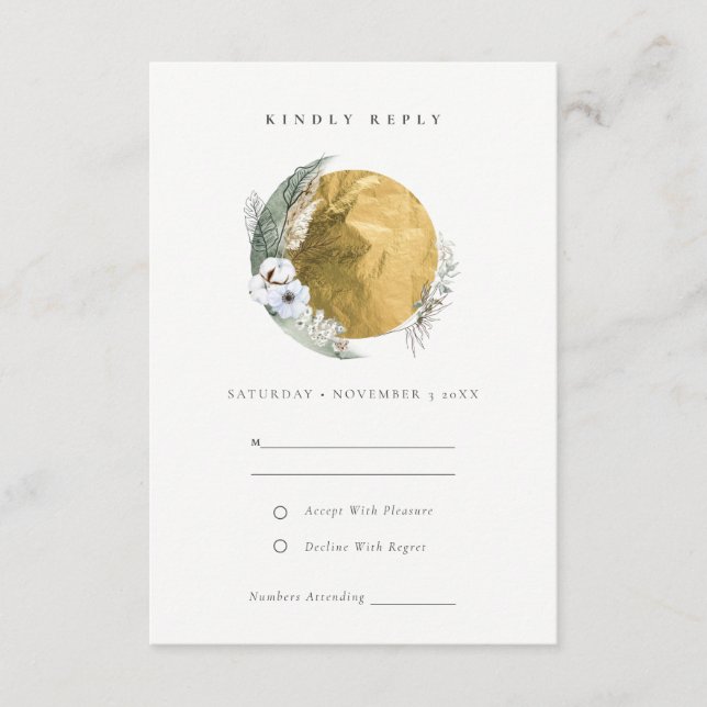 Carte D'accompagnement Boho Gold Saga Green Floral Wreath Wedding RSVP (Devant)