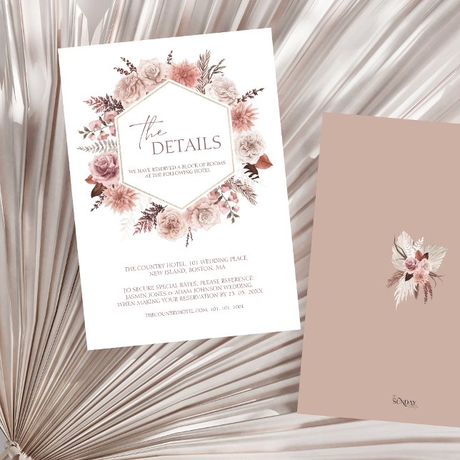 Carte D'accompagnement Boho Neutral Terracotta Floral Wreath Mariage (Boho Dusty Pink Floral Wreath Wedding Details Enclosure Card)