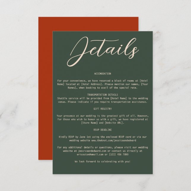 Carte D'accompagnement Boho Orange Green Détails Mariage Qr Code Simple (Devant / Derrière)