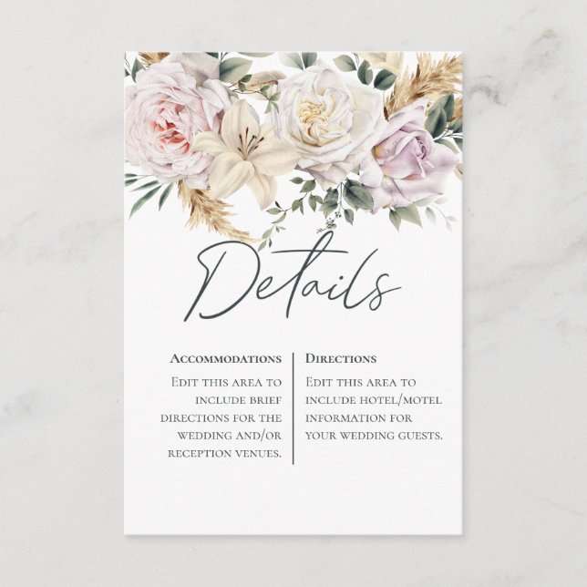 Carte D'accompagnement Boho Pampas & Rose Roses Blanc Détails Mariage (Devant)