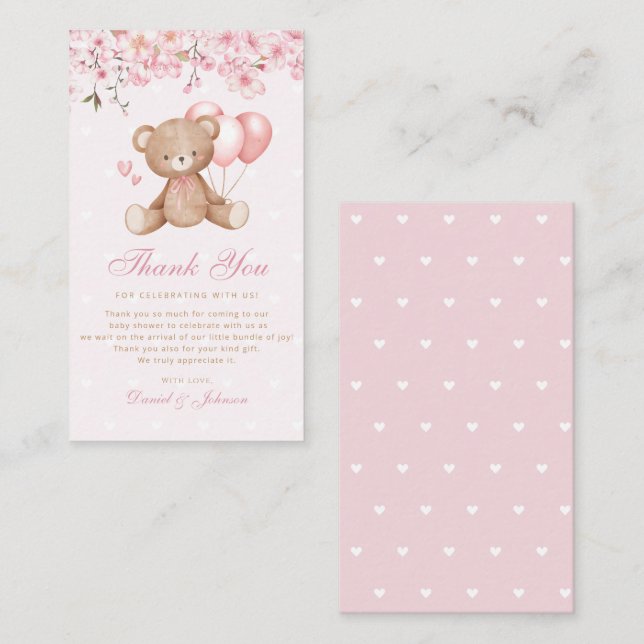 Carte D'accompagnement Boho rose floral Teddy Baby shower d'ours Merci (Devant / Derrière)