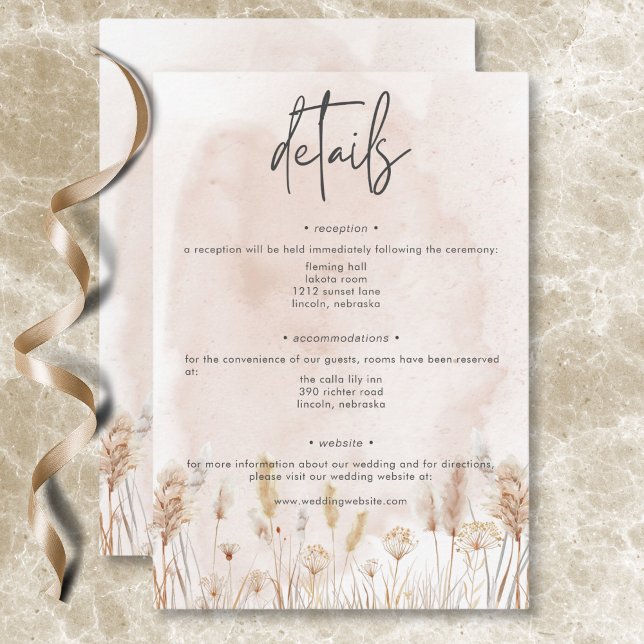 Carte D'accompagnement Boho Rustic Pampas & Bouquet d'herbe séchée Détail (Boho Rustic Pampas & Dried Grass Bouquet Details Enclosure Card)
