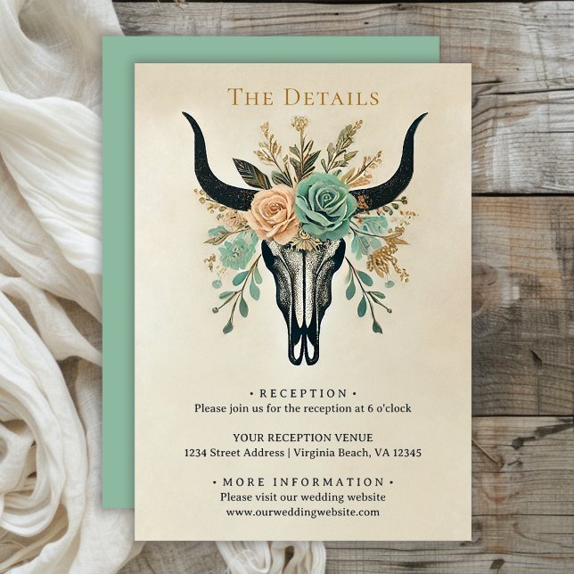 Carte D'accompagnement Boho Western Floral Bull Cow Skull Détails du Mari (Boho Floral Bull Skull Wedding Details Enclosure Card)