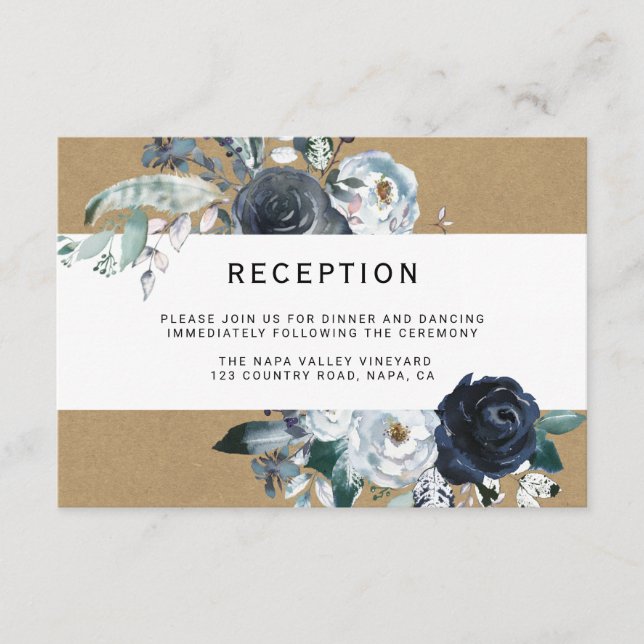 Carte D'accompagnement Boho White Navy Peony Kraft Réception de mariage (Devant)