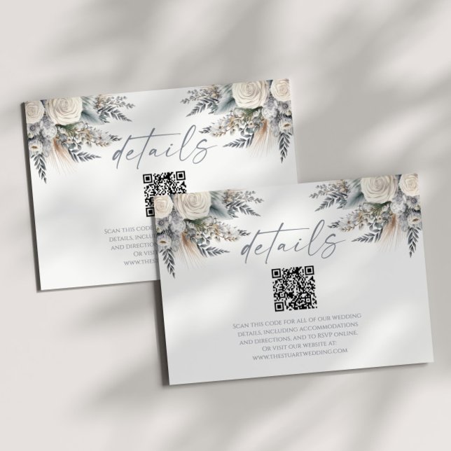 Carte D'accompagnement Boho White Rose Floral QR Code Détails du Mariage (Créateur téléchargé)