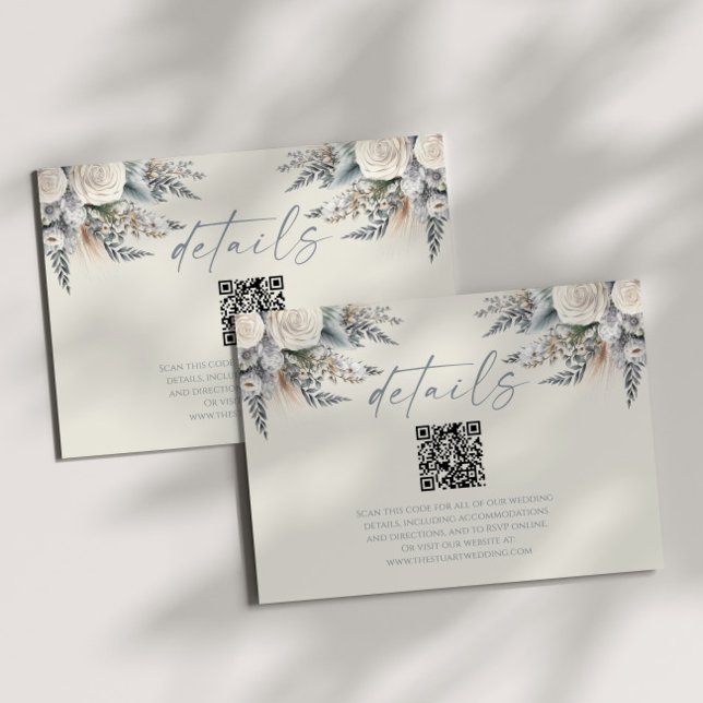Carte D'accompagnement Boho White Rose Floral QR Code Détails du Mariage (Créateur téléchargé)