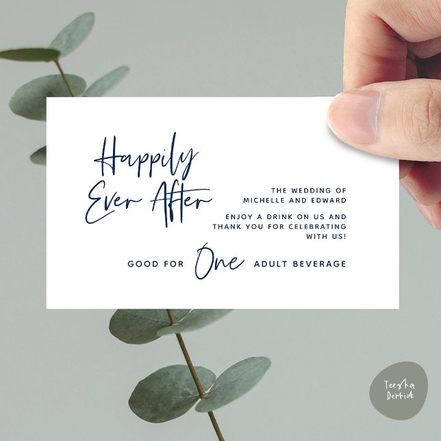 Carte D'accompagnement Boire Billet, Boisson Adulte, Heureusement Jamais  (Modern Wedding Drink Ticket, Adult Beverage, Happily Ever After Enclosure Card in Navy Blue)