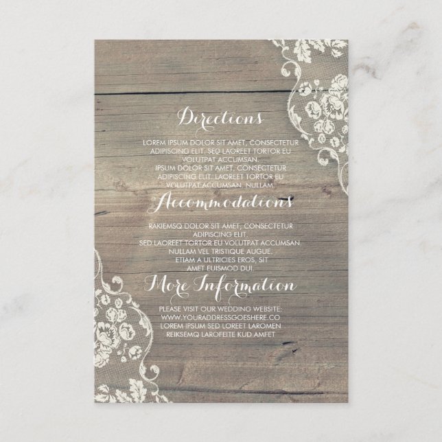 Carte D'accompagnement Bois rustique et dentelle Détails du Mariage (Devant)
