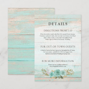 Carte D'accompagnement Bois rustique Turquoise Détails Floraux / Directio